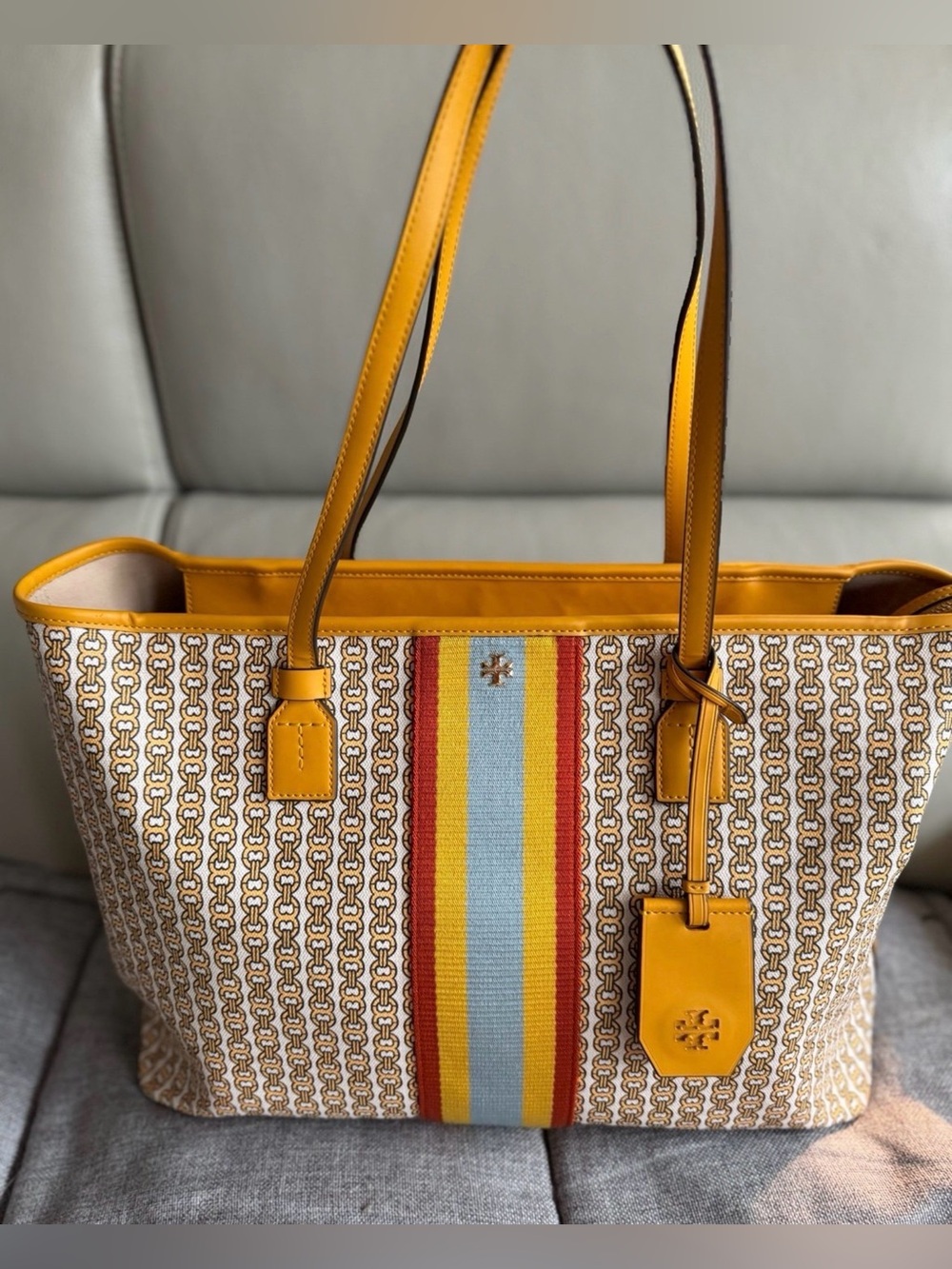 Tory Burch Gemini Link Yellow Multistripe Canvas Tote with Logo Charm